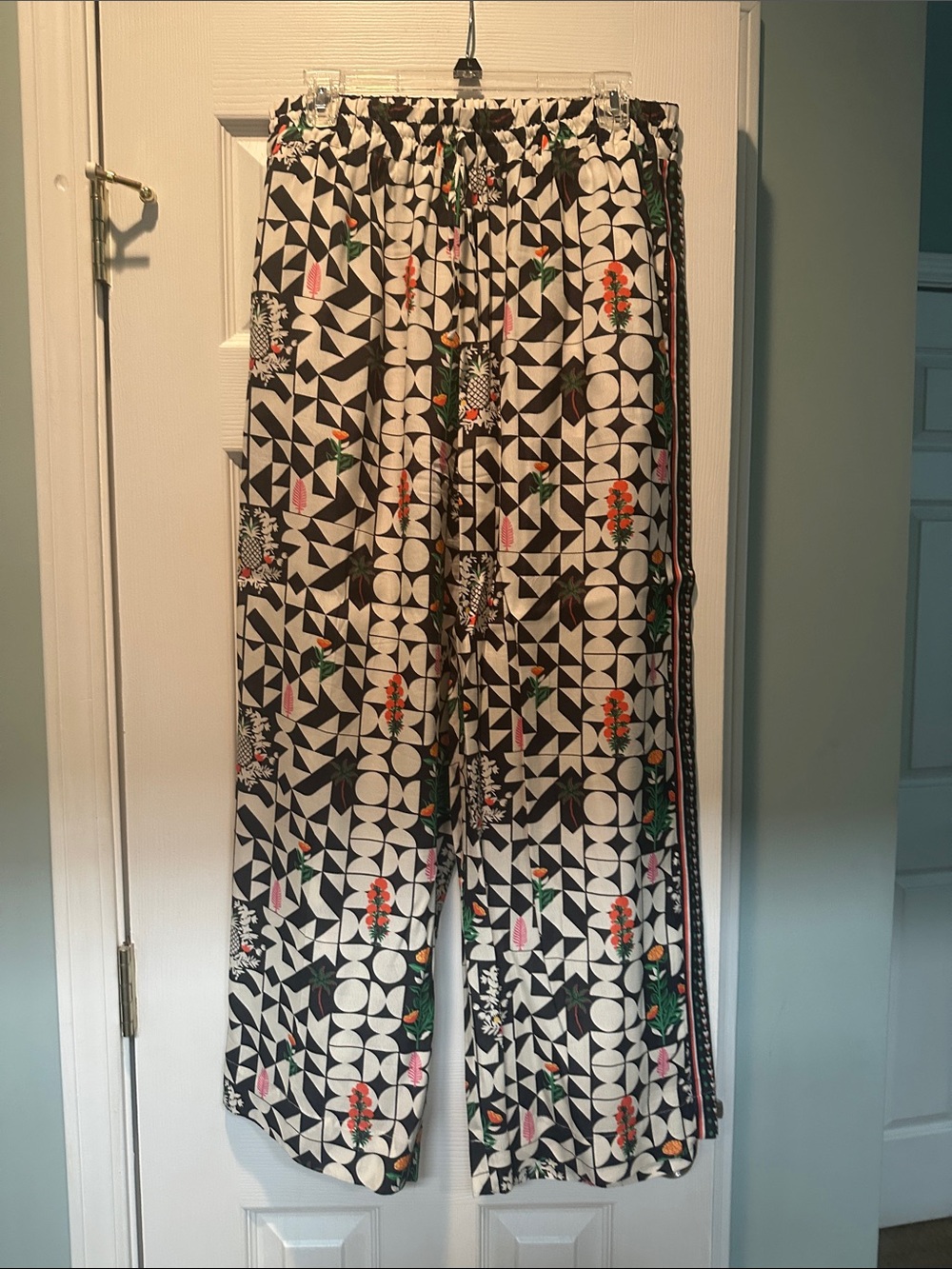 Geo Floral Wide-Leg Pants - Black & White with Green & Pink Accents